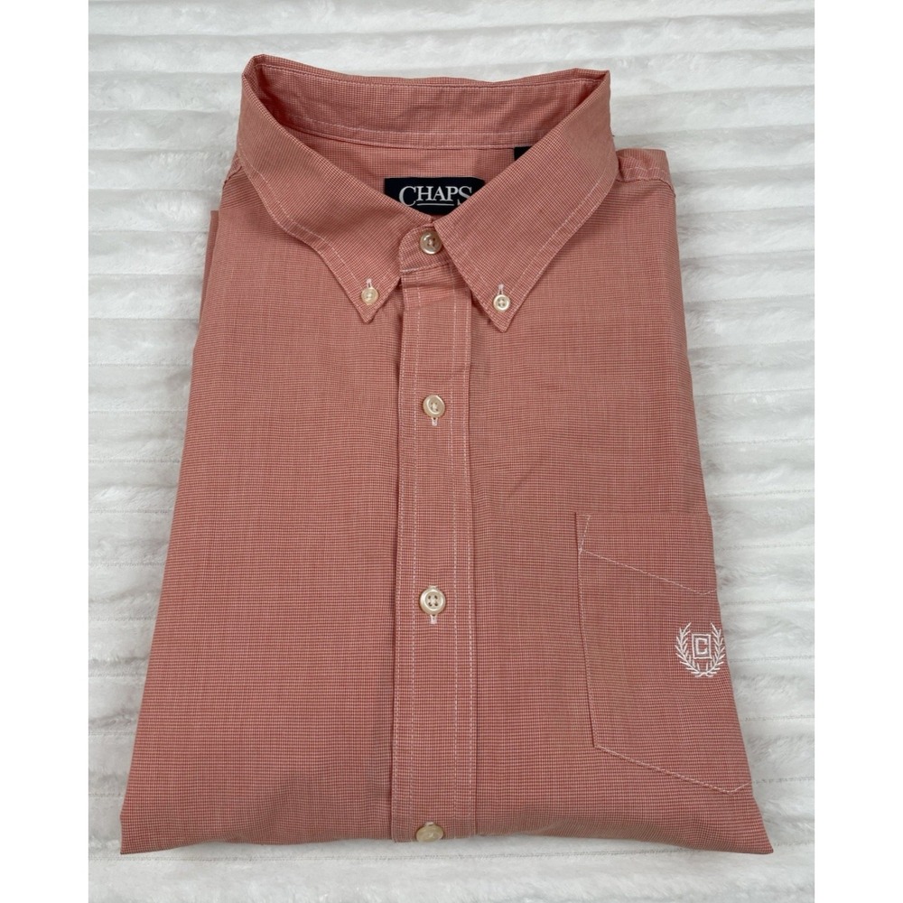 Chaps Button Down Easy Care Orange Plaid Men's XL Casual Short Sleeve‎